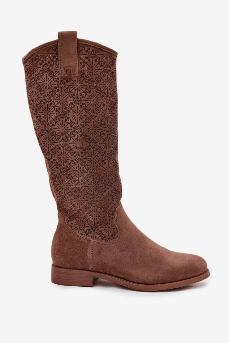 Discount Damskie buty S.Barski Kozaki Damskie Ażurowe Na Płaskim Obcasie S.Barski HY52-534 Brązowe Brązowy