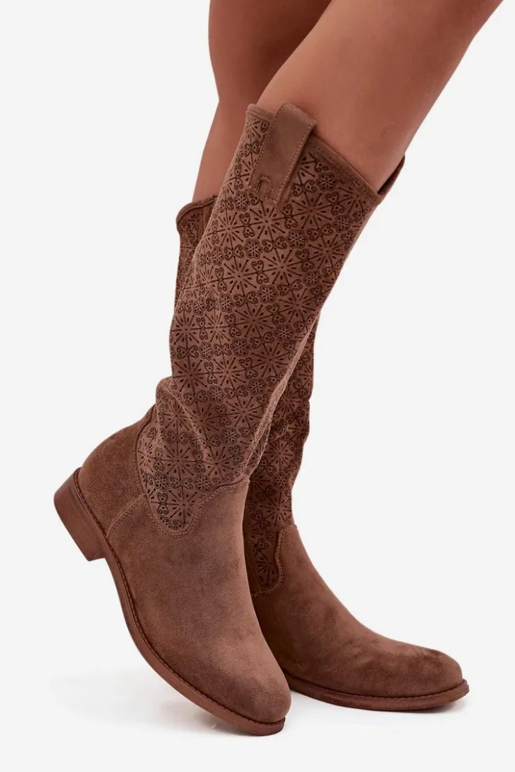 Discount Damskie buty S.Barski Kozaki Damskie Ażurowe Na Płaskim Obcasie S.Barski HY52-534 Brązowe Brązowy