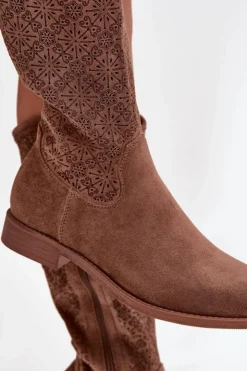 Discount Damskie buty S.Barski Kozaki Damskie Ażurowe Na Płaskim Obcasie S.Barski HY52-534 Brązowe Brązowy