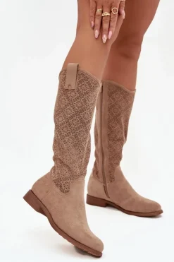 Damskie Damskie buty S.Barski Kozaki Damskie Ażurowe Na Płaskim Obcasie S.Barski HY52-534 Beżowe