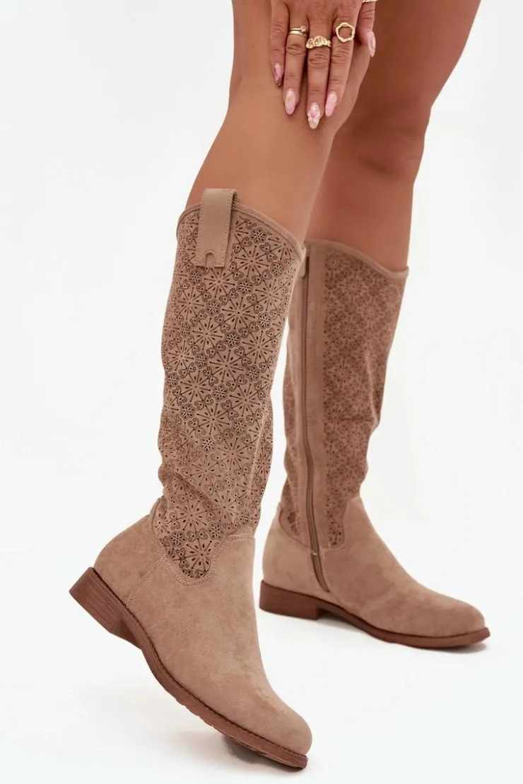 Damskie Damskie buty S.Barski Kozaki Damskie Ażurowe Na Płaskim Obcasie S.Barski HY52-534 Beżowe