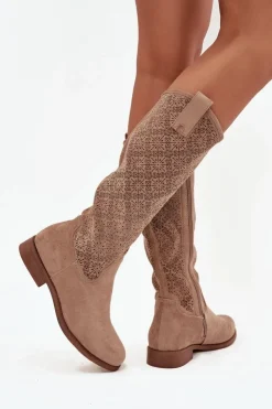 Damskie Damskie buty S.Barski Kozaki Damskie Ażurowe Na Płaskim Obcasie S.Barski HY52-534 Beżowe