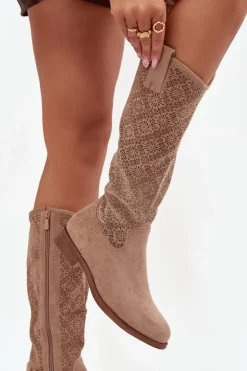 Damskie Damskie buty S.Barski Kozaki Damskie Ażurowe Na Płaskim Obcasie S.Barski HY52-534 Beżowe