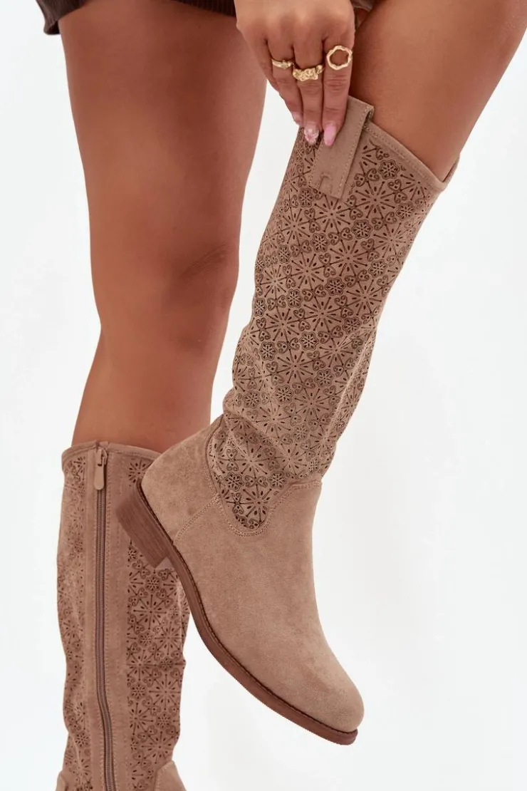 Damskie Damskie buty S.Barski Kozaki Damskie Ażurowe Na Płaskim Obcasie S.Barski HY52-534 Beżowe