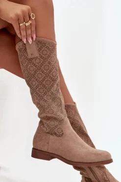 Damskie Damskie buty S.Barski Kozaki Damskie Ażurowe Na Płaskim Obcasie S.Barski HY52-534 Beżowe