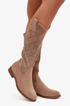 Damskie Damskie buty S.Barski Kozaki Damskie Ażurowe Na Płaskim Obcasie S.Barski HY52-534 Beżowe