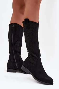 Damskie Damskie buty S.Barski Kozaki Damskie Ażurowe Na Płaskim Obcasie S.Barski HY52-534 Czarne