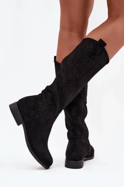 Damskie Damskie buty S.Barski Kozaki Damskie Ażurowe Na Płaskim Obcasie S.Barski HY52-534 Czarne