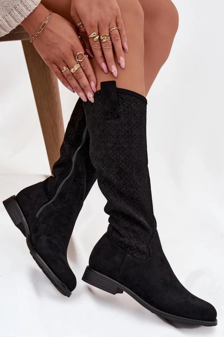 Damskie Damskie buty S.Barski Kozaki Damskie Ażurowe Na Płaskim Obcasie S.Barski HY52-534 Czarne