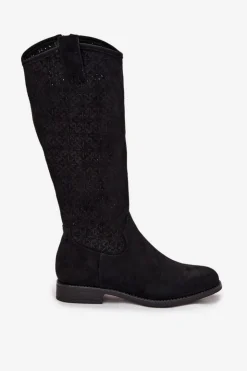 Damskie Damskie buty S.Barski Kozaki Damskie Ażurowe Na Płaskim Obcasie S.Barski HY52-534 Czarne