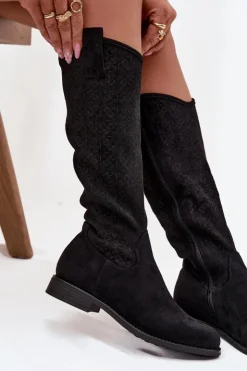 Damskie Damskie buty S.Barski Kozaki Damskie Ażurowe Na Płaskim Obcasie S.Barski HY52-534 Czarne