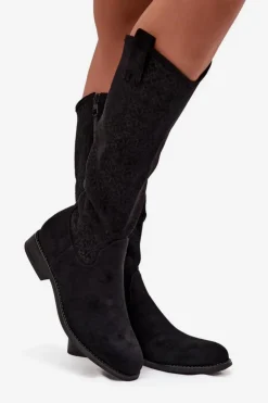 Damskie Damskie buty S.Barski Kozaki Damskie Ażurowe Na Płaskim Obcasie S.Barski HY52-534 Czarne