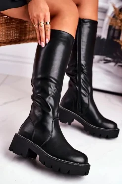 Outlet Boto Kozaki Damskie Ciepłe Czarne Ambicious