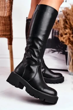 Outlet Boto Kozaki Damskie Ciepłe Czarne Ambicious