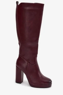 Damskie Boto Kozaki Damskie Do Kolana Na Słupku Eko Skórzane Bordowe Thalina