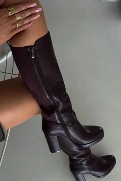 Damskie Boto Kozaki Damskie Do Kolana Na Słupku Eko Skórzane Bordowe Thalina