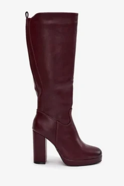 Damskie Boto Kozaki Damskie Do Kolana Na Słupku Eko Skórzane Bordowe Thalina