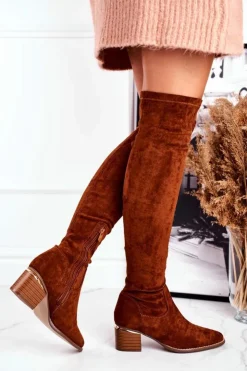 Damskie Boto Kozaki Damskie Do Kolana Eko-Zamsz Camel Indigo