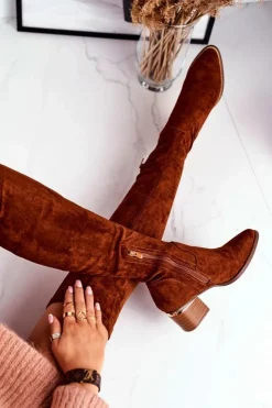 Damskie Boto Kozaki Damskie Do Kolana Eko-Zamsz Camel Indigo