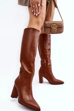 Damskie Boto Kozaki Damskie Do Kolana Na Słupku Camel Fiminna