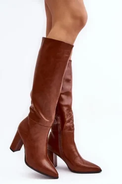 Damskie Boto Kozaki Damskie Do Kolana Na Słupku Camel Fiminna