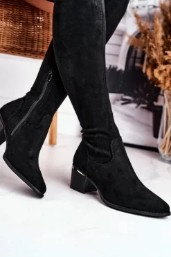 Boto Kozaki Wiosenne|Kozaki Na Obcasie*Kozaki Damskie Do Kolana Eko-Zamsz Czarne Indigo