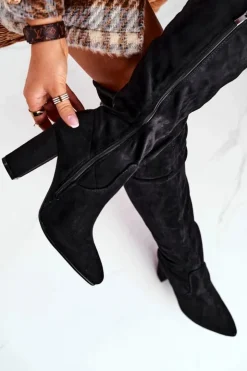 Hot Boto Kozaki Damskie Do Kolana Eko-Zamsz Czarne First Time