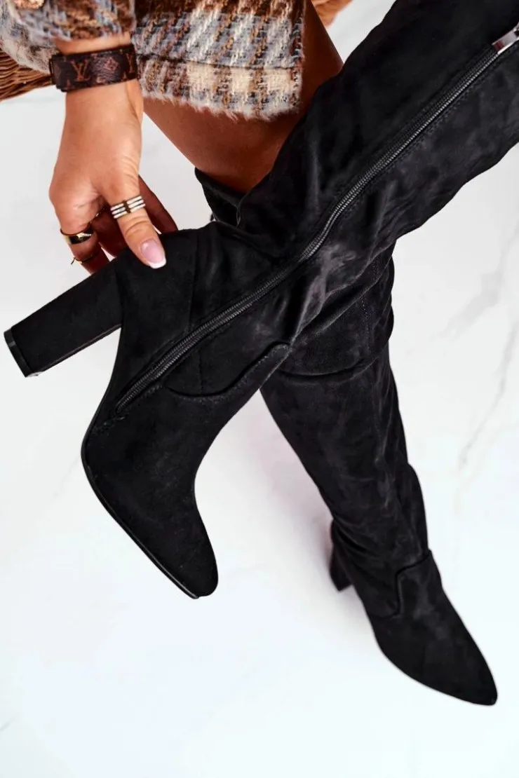 Hot Boto Kozaki Damskie Do Kolana Eko-Zamsz Czarne First Time