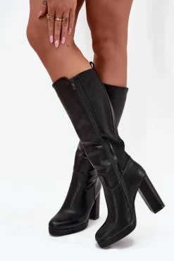 Boto Kozaki Ocieplane|Kozaki Na Słupku*Kozaki Damskie Do Kolana Na Słupku Eko Skórzane Czarne Thalina Czarny