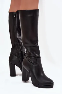Boto Kozaki Ocieplane|Kozaki Na Słupku*Kozaki Damskie Do Kolana Na Słupku Eko Skórzane Czarne Thalina Czarny