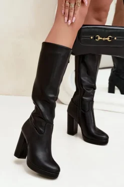 Boto Kozaki Ocieplane|Kozaki Na Słupku*Kozaki Damskie Do Kolana Na Słupku Eko Skórzane Czarne Thalina Czarny