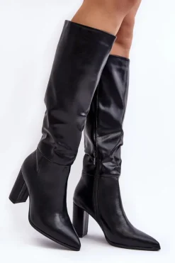 Clearance Boto Kozaki Damskie Do Kolana Na Słupku Czarne Fiminna