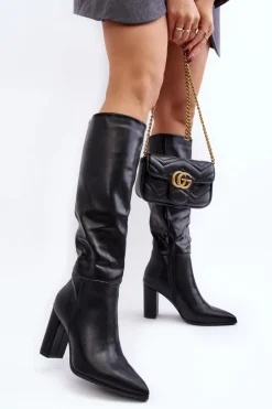 Clearance Boto Kozaki Damskie Do Kolana Na Słupku Czarne Fiminna