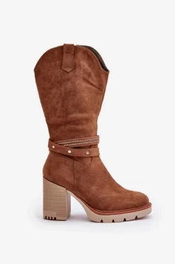 Damskie Boto Kozaki Damskie Do Połowy Łydki Na Słupku Ocieplane Camel Ivanelis