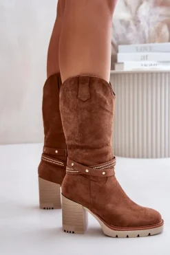 Damskie Boto Kozaki Damskie Do Połowy Łydki Na Słupku Ocieplane Camel Ivanelis