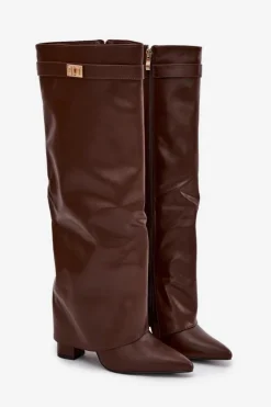 Boto Kozaki Ocieplane|Kozaki Na Słupku*Kozaki Damskie Eko Skórzane Z Wywiniętą Cholewką Na Słupku Brązowe Avamora Brązowy