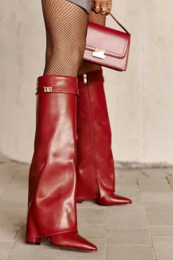 Damskie Boto Kozaki Damskie Eko Skórzane Z Wywiniętą Cholewką Na Słupku Bordowe Avamora