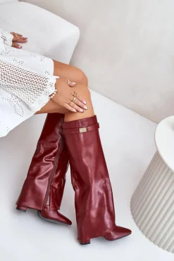 Damskie Boto Kozaki Damskie Eko Skórzane Z Wywiniętą Cholewką Na Słupku Bordowe Avamora