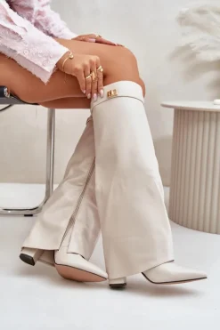 Boto Kozaki Z Wywiniętą Cholewką|Kozaki Przed Kolano*Kozaki Damskie Eko Skórzane Z Wywiniętą Cholewką Na Słupku Jasnobeżowe Avamora