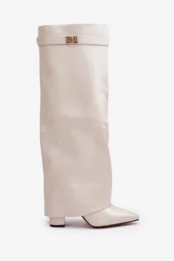 Boto Kozaki Z Wywiniętą Cholewką|Kozaki Przed Kolano*Kozaki Damskie Eko Skórzane Z Wywiniętą Cholewką Na Słupku Jasnobeżowe Avamora