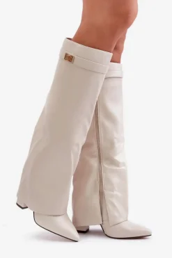 Boto Kozaki Z Wywiniętą Cholewką|Kozaki Przed Kolano*Kozaki Damskie Eko Skórzane Z Wywiniętą Cholewką Na Słupku Jasnobeżowe Avamora