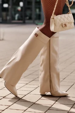 Boto Kozaki Z Wywiniętą Cholewką|Kozaki Przed Kolano*Kozaki Damskie Eko Skórzane Z Wywiniętą Cholewką Na Słupku Jasnobeżowe Avamora