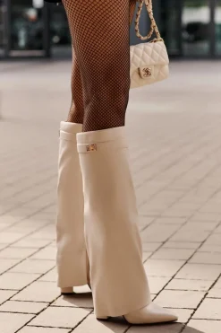 Boto Kozaki Z Wywiniętą Cholewką|Kozaki Przed Kolano*Kozaki Damskie Eko Skórzane Z Wywiniętą Cholewką Na Słupku Jasnobeżowe Avamora