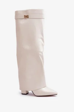 Boto Kozaki Z Wywiniętą Cholewką|Kozaki Przed Kolano*Kozaki Damskie Eko Skórzane Z Wywiniętą Cholewką Na Słupku Jasnobeżowe Avamora