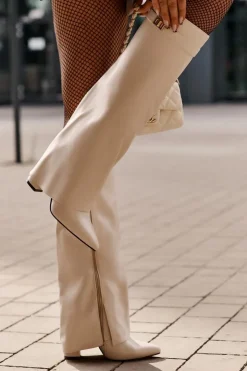 Boto Kozaki Z Wywiniętą Cholewką|Kozaki Przed Kolano*Kozaki Damskie Eko Skórzane Z Wywiniętą Cholewką Na Słupku Jasnobeżowe Avamora