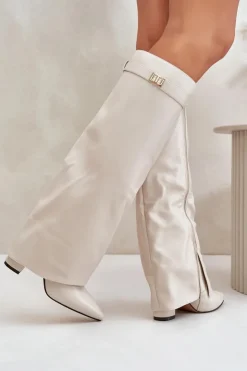 Boto Kozaki Z Wywiniętą Cholewką|Kozaki Przed Kolano*Kozaki Damskie Eko Skórzane Z Wywiniętą Cholewką Na Słupku Jasnobeżowe Avamora