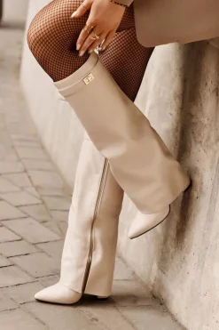 Boto Kozaki Z Wywiniętą Cholewką|Kozaki Przed Kolano*Kozaki Damskie Eko Skórzane Z Wywiniętą Cholewką Na Słupku Jasnobeżowe Avamora