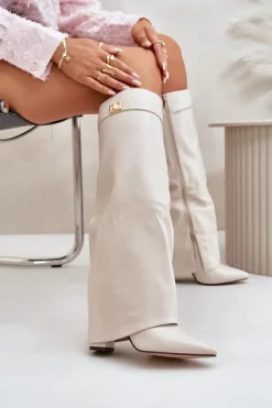 Boto Kozaki Z Wywiniętą Cholewką|Kozaki Przed Kolano*Kozaki Damskie Eko Skórzane Z Wywiniętą Cholewką Na Słupku Jasnobeżowe Avamora