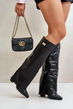 Best Boto Kozaki Damskie Eko Skórzane Z Wywiniętą Cholewką Na Słupku Czarne Avamora