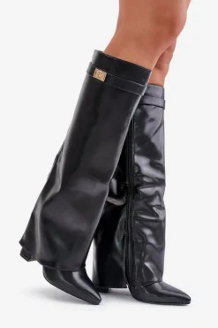 Best Boto Kozaki Damskie Eko Skórzane Z Wywiniętą Cholewką Na Słupku Czarne Avamora